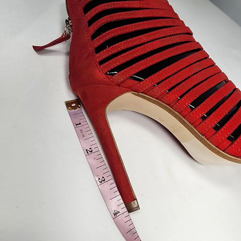 Zara Bright Red Faux Suede Strappy Caged Open Toe 4” Stiletto Heels Size‎ 36